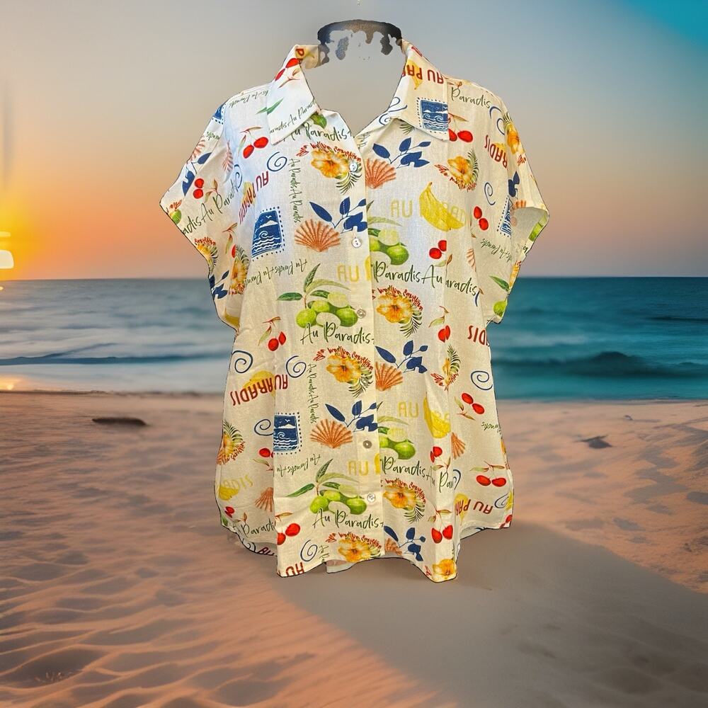 Hester & Orchard Women's Blouse M Linen Rayon Tropical Boxy Button-Up Shirt - Picture 2 of 9